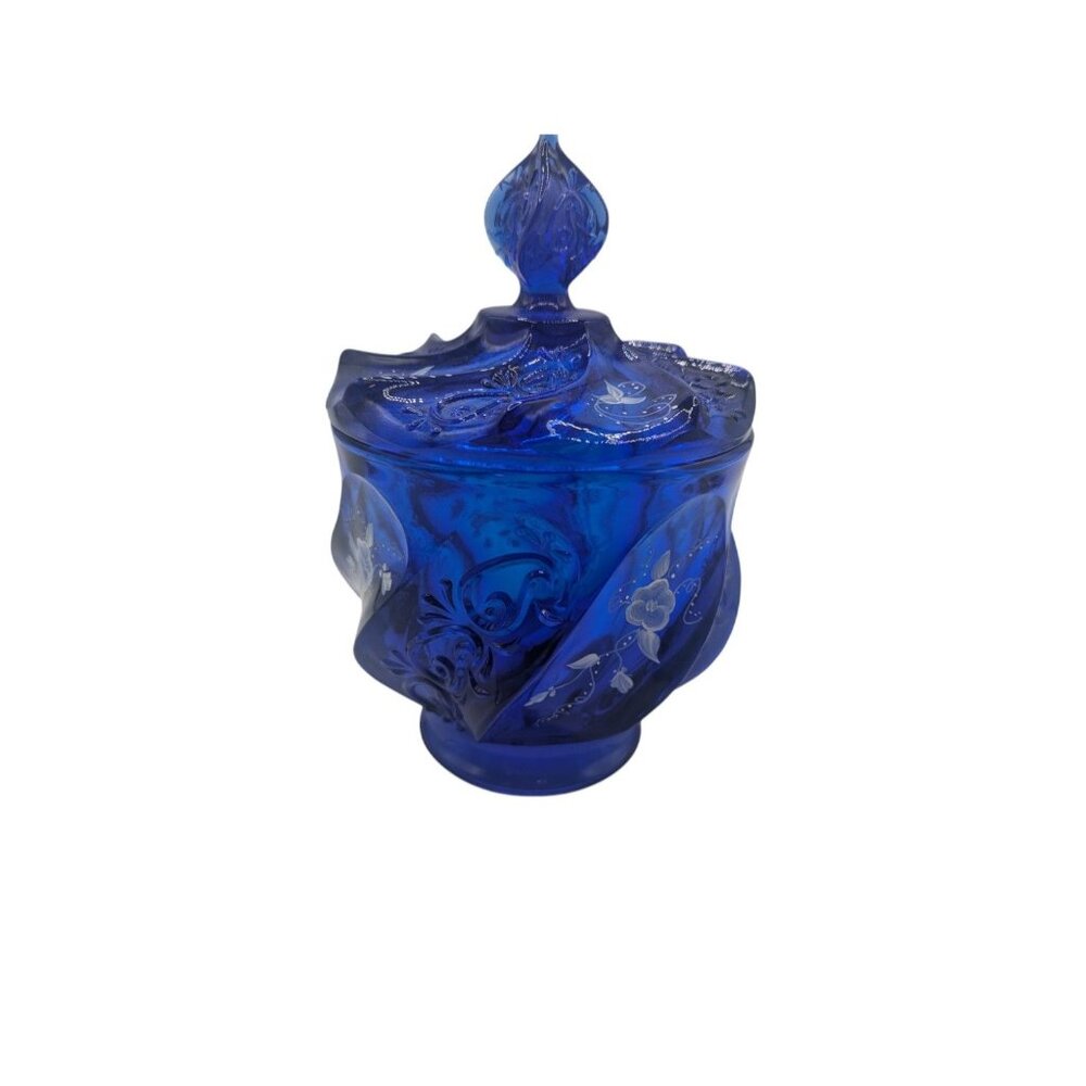 Fenton Glass HP Artist Signed Cobalt Blue Paisley Swirl Candy Jar & Lid - Picture 15 of 16